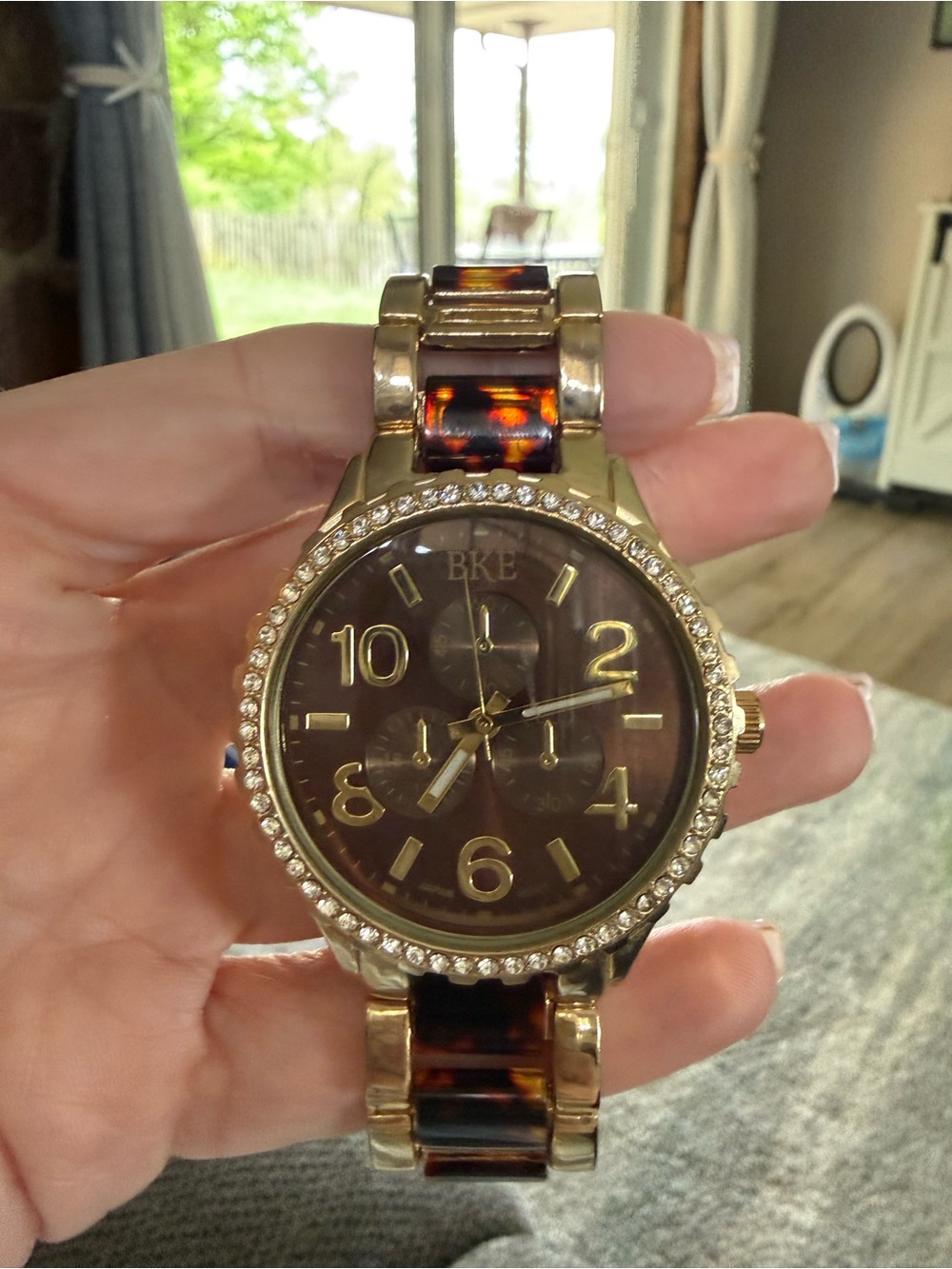 BKE Gold-Tone Watch with Tortoise Links and Crystal Bezel